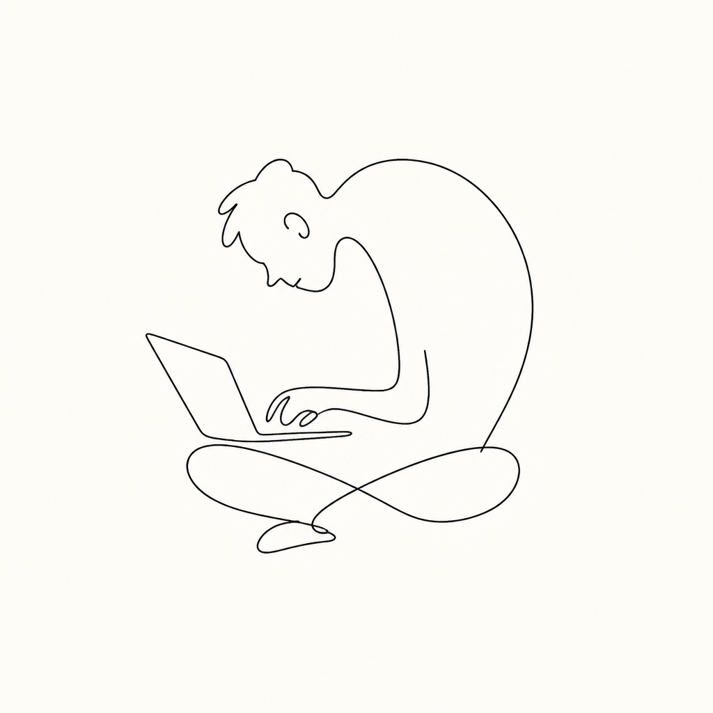 Line drawing of a person sitting cross-legged on the floor, hunched over a laptop